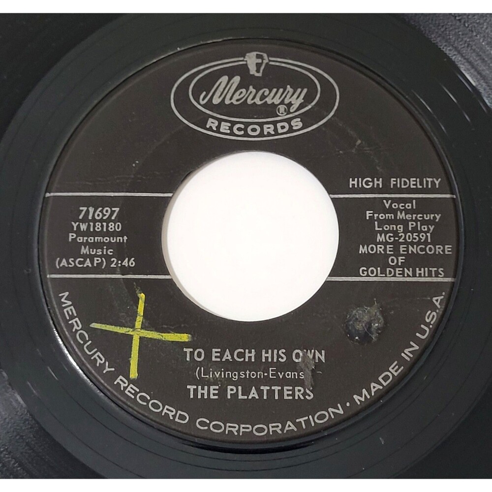 The Platters To Each His Own/Down The River Of Golden Dreams 45 RPM Mercury VG